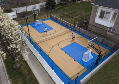 An aerial view of an outdoor basketball court.